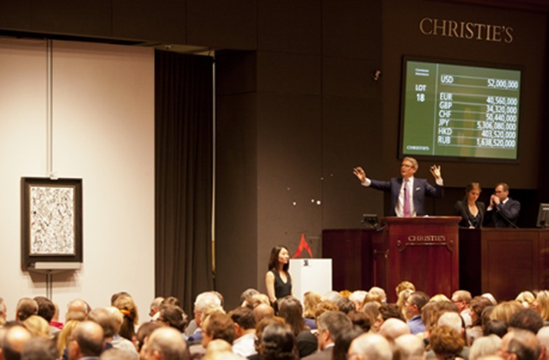 Christie’s auctioneer Jussi Pylkkanen, hammers down Jackson Pollock’s, Number 19, 1948, which achieved the highest price for the artist at US$58.3 million